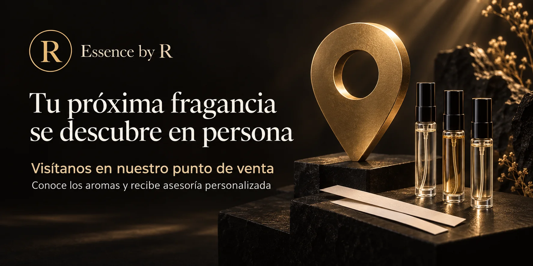 Invitación visual a descubrir fragancias de Essence by R en persona